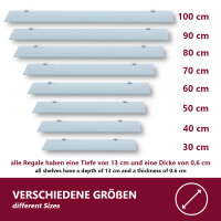 Glasregal 30-100 cm mit Wandhalterung - weiß